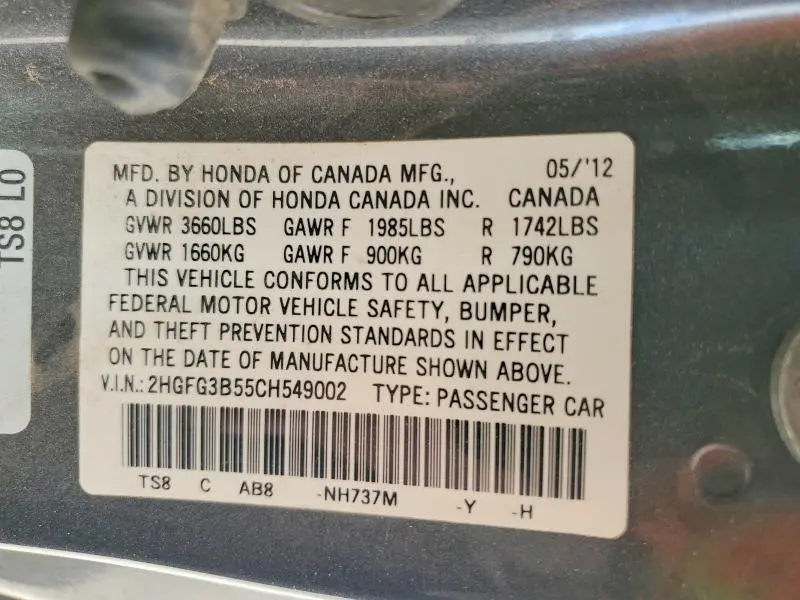 2012 HONDA CIVIC LX  