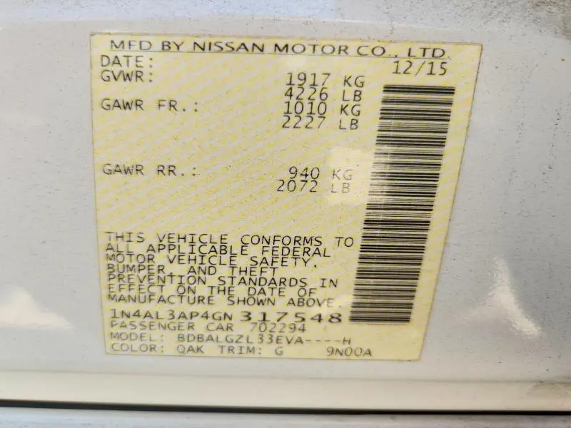 2016 NISSAN ALTIMA 2.5 S  