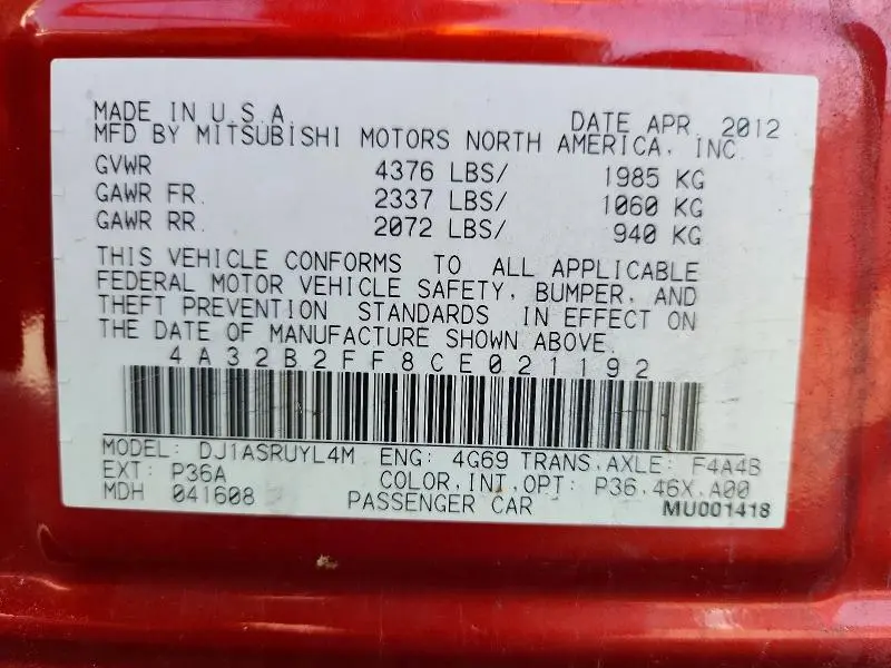 2012 MITSUBISHI GALANT FE  