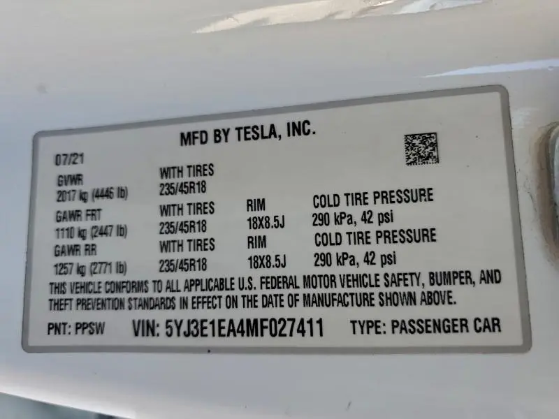 2021 TESLA MODEL 3   