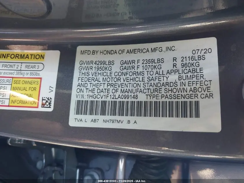 2020 HONDA ACCORD LX