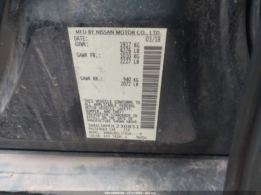 2018 NISSAN ALTIMA 2.5 SV