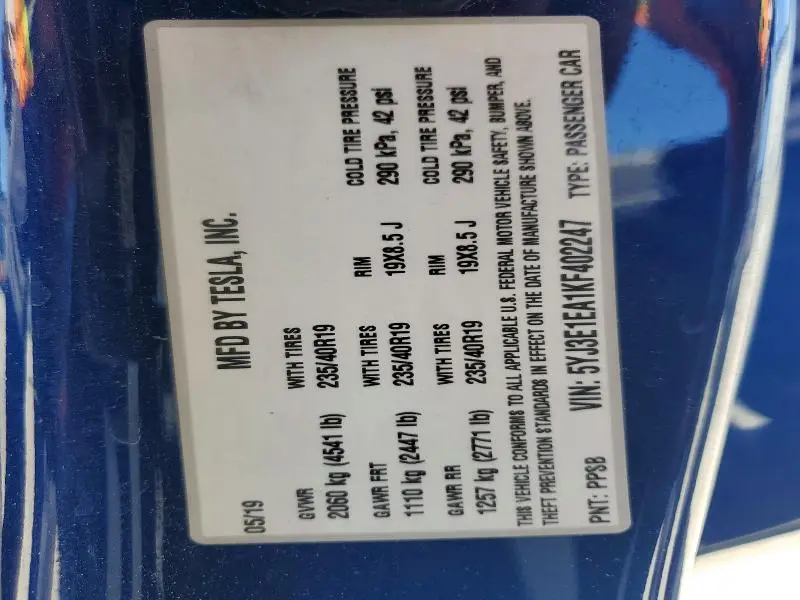 2019 TESLA MODEL 3   