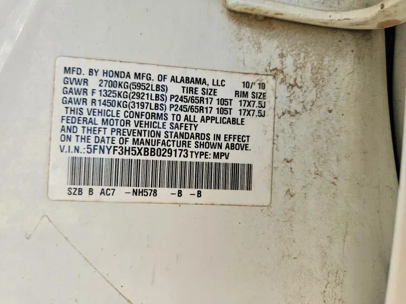 2011 HONDA PILOT EXL  