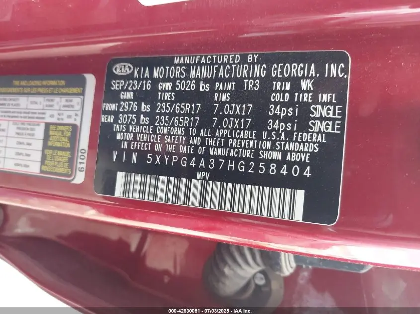 2017 KIA SORENTO 2.4L LX