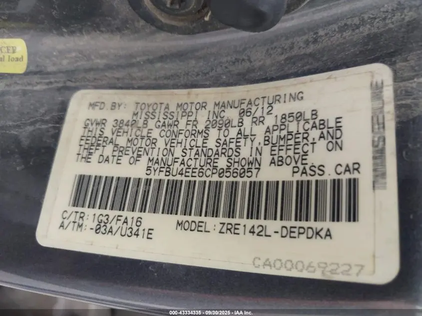 2012 TOYOTA COROLLA L