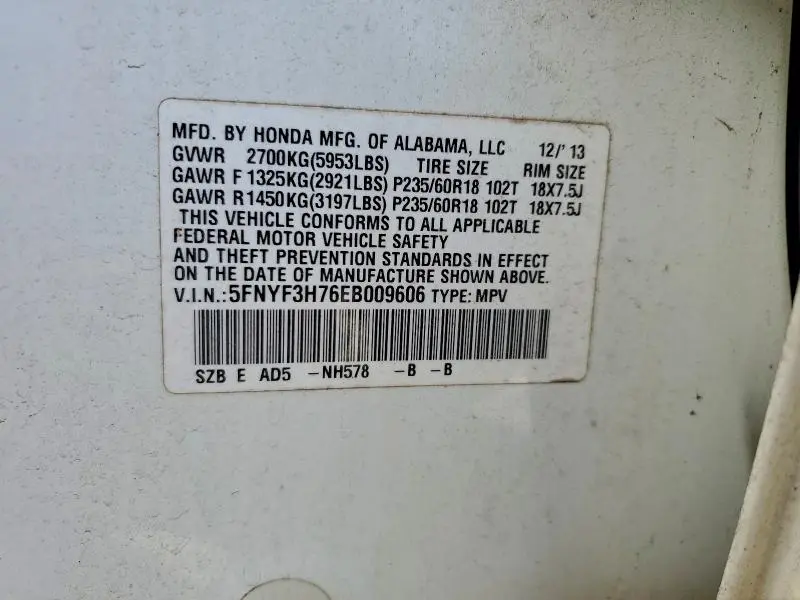 2014 HONDA PILOT EXLN  