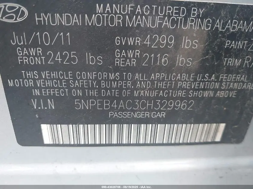 2012 HYUNDAI SONATA GLS