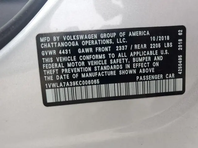 2019 VOLKSWAGEN PASSAT WOLFSBURG  