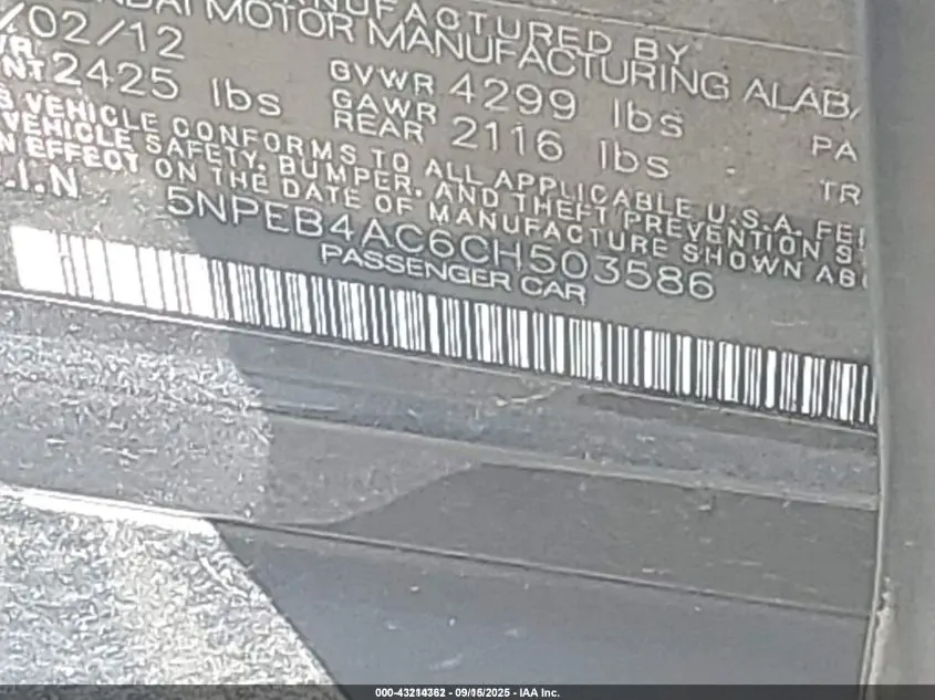 2012 HYUNDAI SONATA GLS