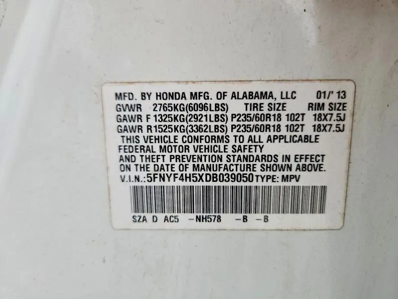 2013 HONDA PILOT EXL  
