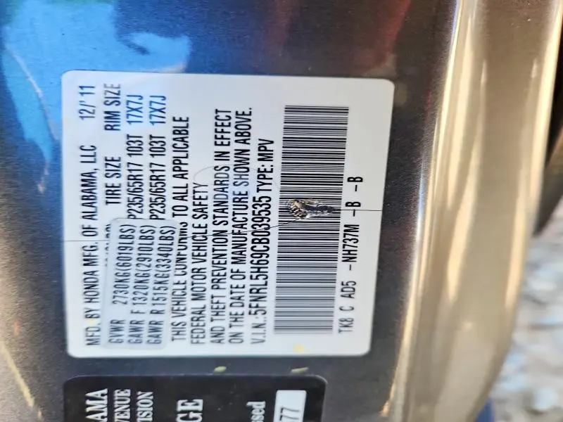 2012 HONDA ODYSSEY EXL  