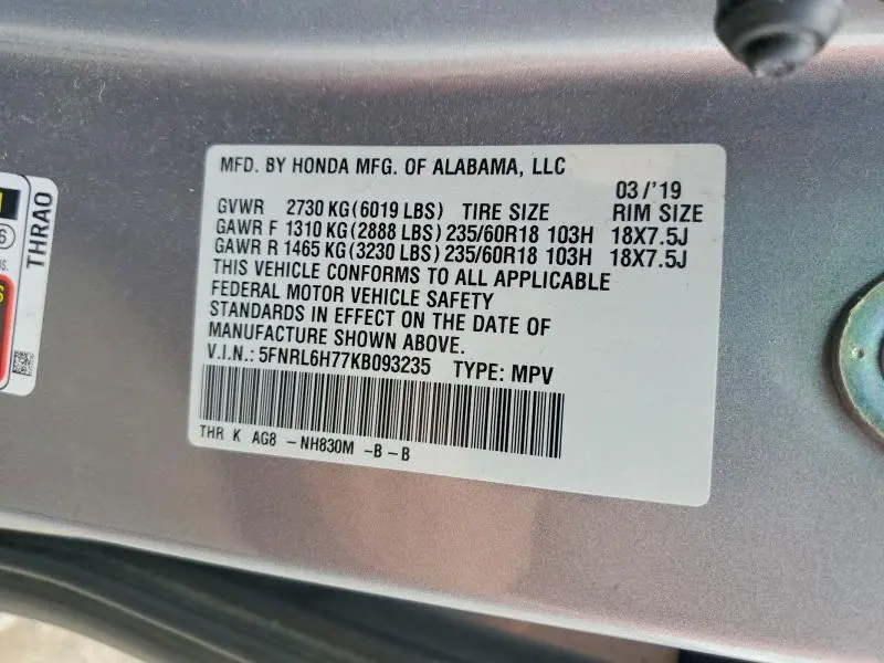 2019 HONDA ODYSSEY EXL  