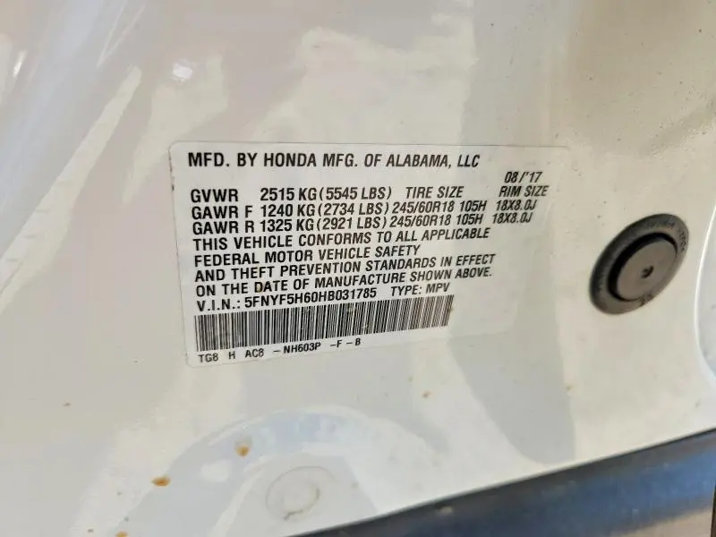 2017 HONDA PILOT EXL  