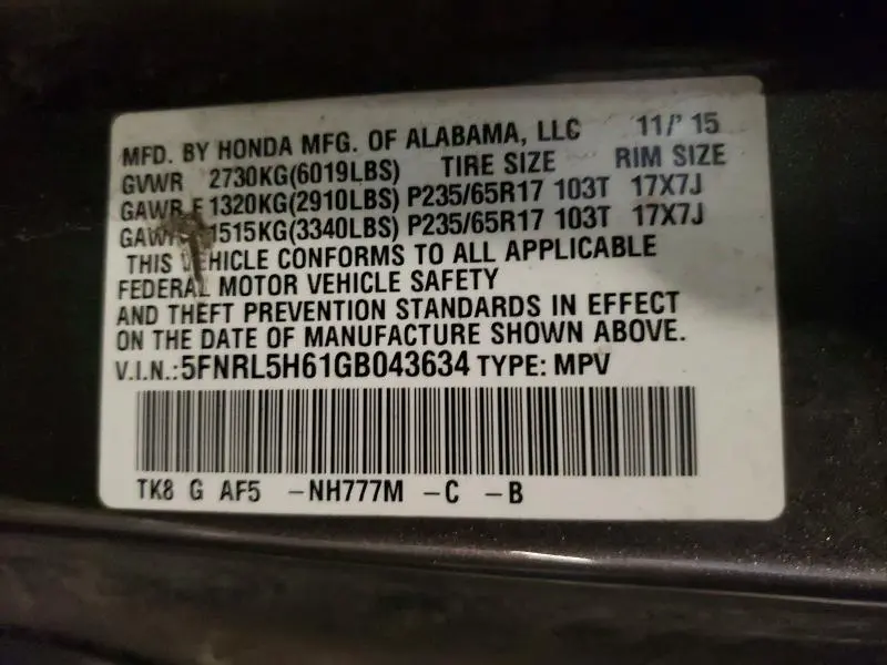 2016 HONDA ODYSSEY EXL  