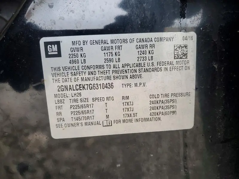 2016 CHEVROLET EQUINOX LT  