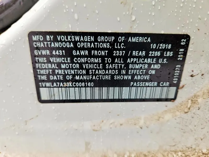 2019 VOLKSWAGEN PASSAT WOLFSBURG  