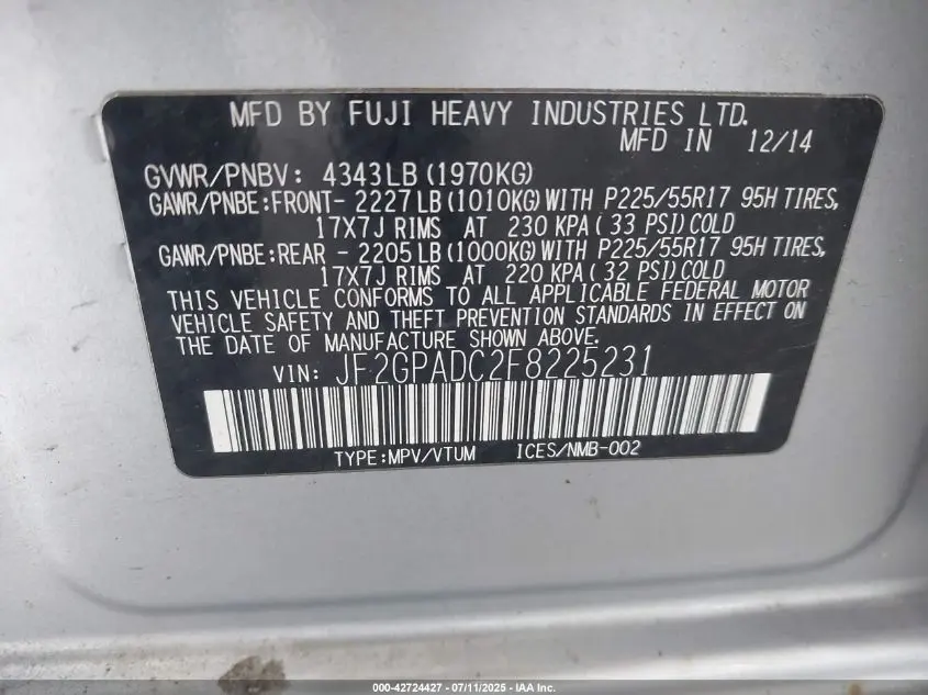 2015 SUBARU XV CROSSTREK 2.0I PREMIUM