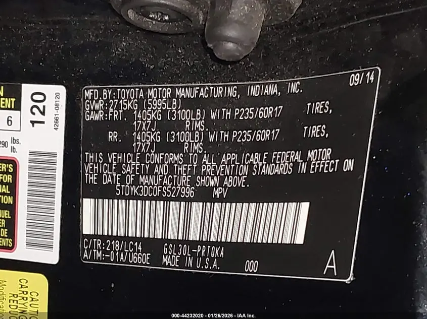 2015 TOYOTA SIENNA XLE 8 PASSENGER