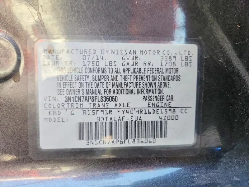 2015 NISSAN VERSA 1.6 S  