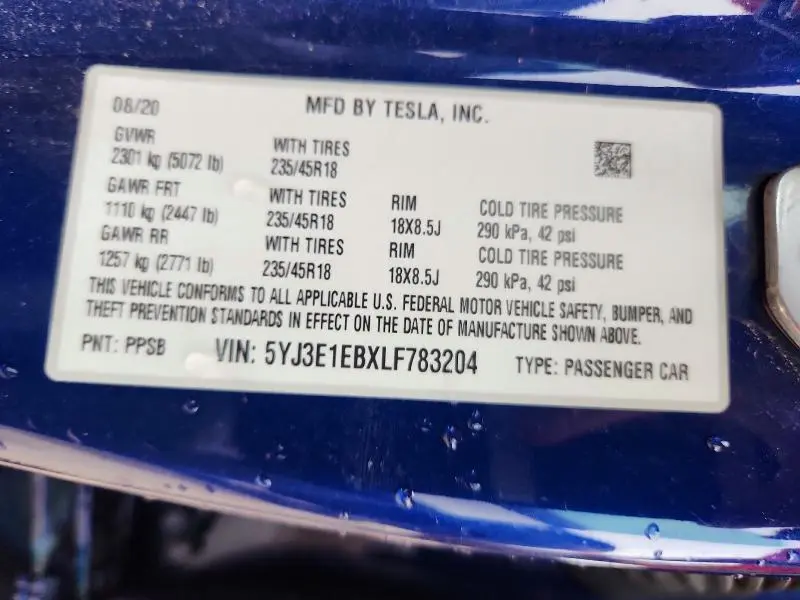 2020 TESLA MODEL 3   