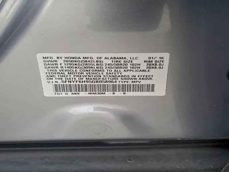 2016 HONDA PILOT TOURING  