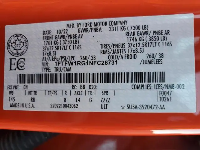 2022 FORD F150 RAPTOR  