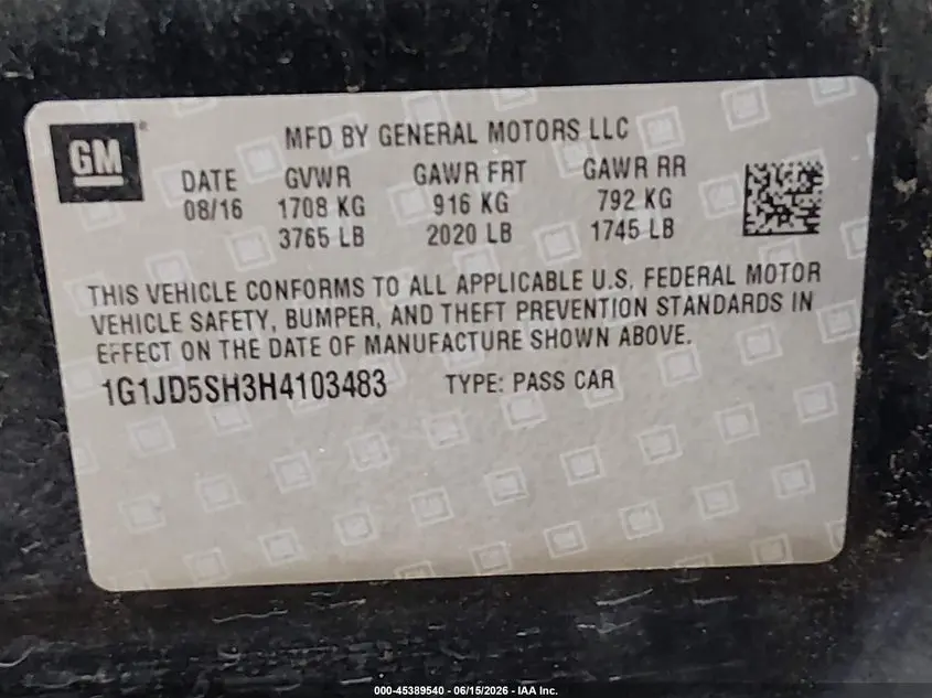 2017 CHEVROLET SONIC LT AUTO