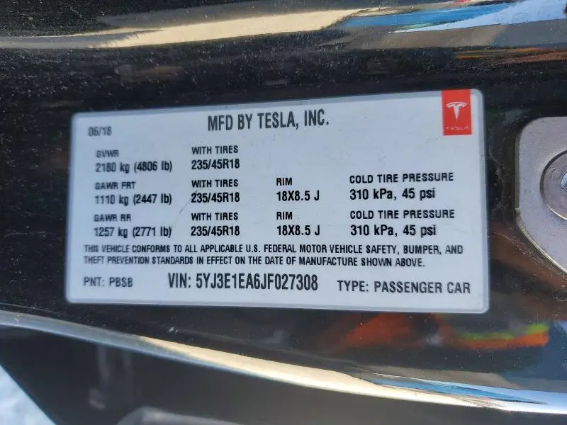 2018 TESLA MODEL 3   
