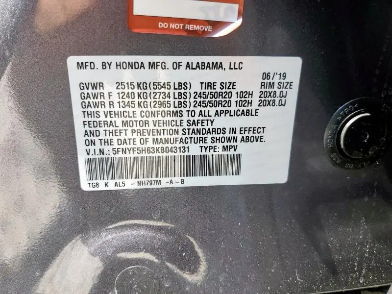 2019 HONDA PILOT TOURING  