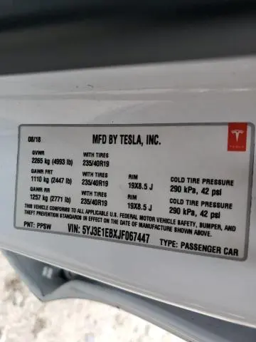 2018 TESLA MODEL 3 