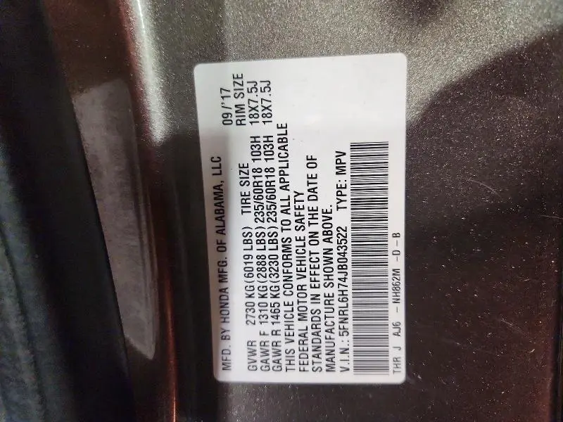 2018 HONDA ODYSSEY EXL  