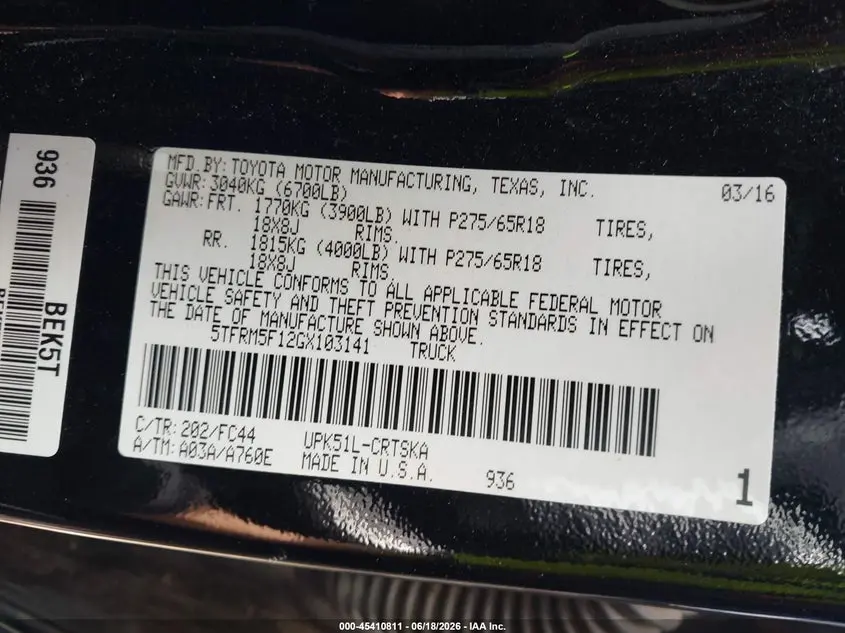 2016 TOYOTA TUNDRA SR5 4.6L V8