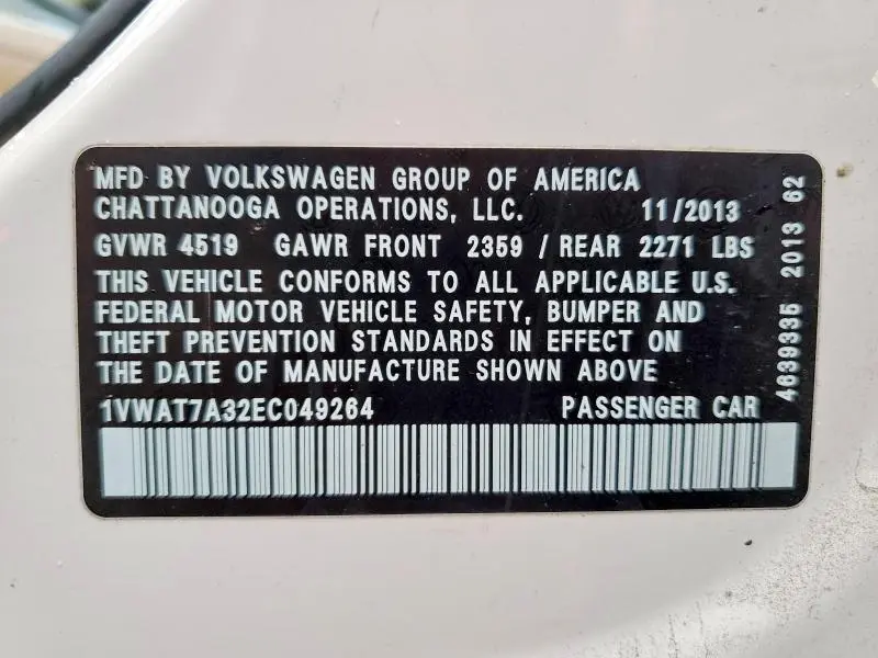 2014 VOLKSWAGEN PASSAT S  