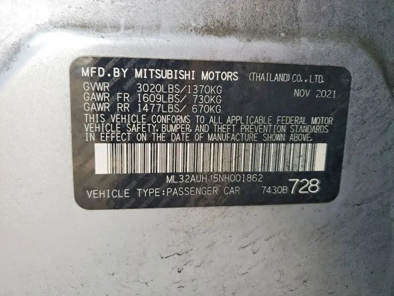 2022 MITSUBISHI MIRAGE   