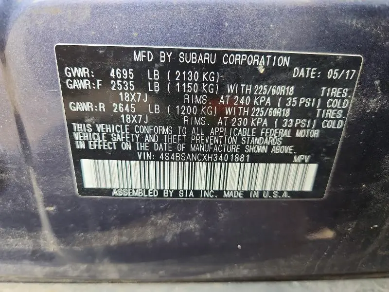 2017 SUBARU OUTBACK 2.5I LIMITED  