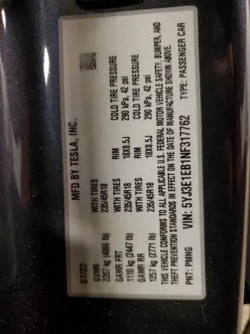 2022 TESLA MODEL 3 