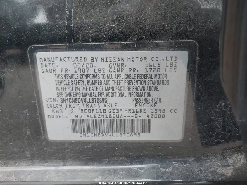 2020 NISSAN VERSA S XTRONIC CVT