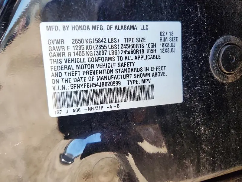2018 HONDA PILOT EXL  
