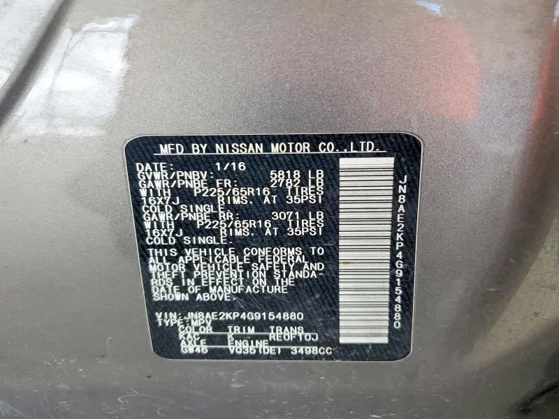 2016 NISSAN QUEST 3.5 SV  