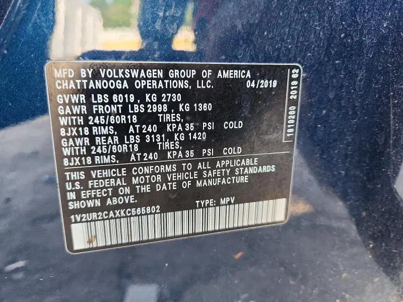 2019 VOLKSWAGEN ATLAS SE  