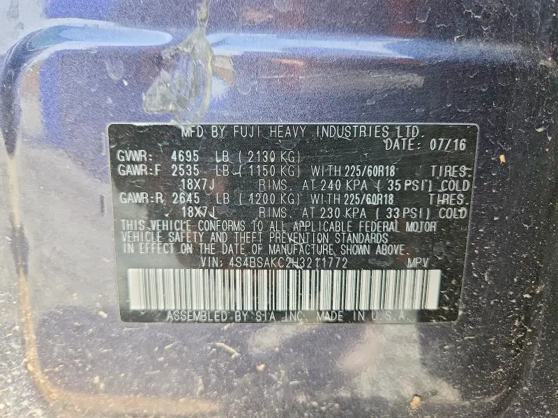 2017 SUBARU OUTBACK 2.5I LIMITED  