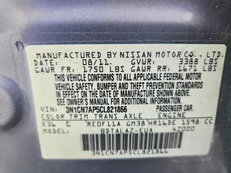 2012 NISSAN VERSA 1.6 S  