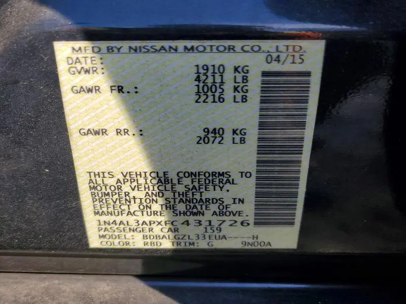 2015 NISSAN ALTIMA 2.5 S  