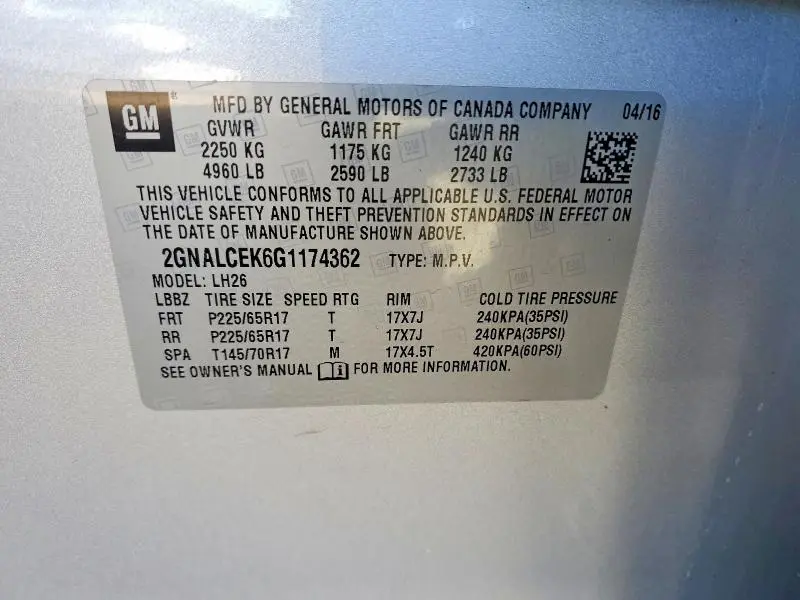 2016 CHEVROLET EQUINOX LT  