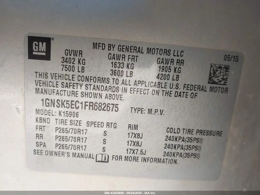 2015 CHEVROLET SUBURBAN 1500 COMMERCIAL FLEET