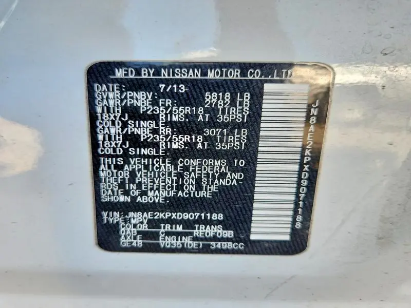 2013 NISSAN QUEST 3.5 S  