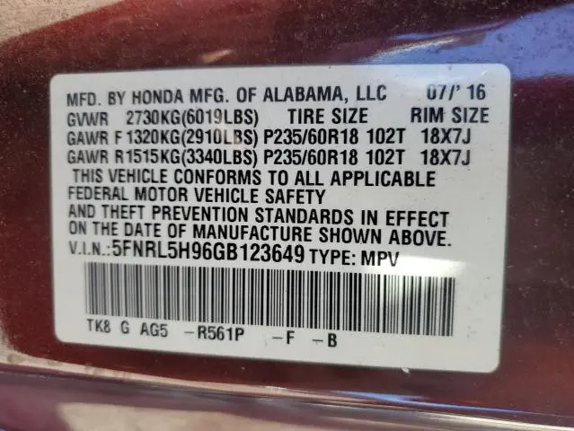 2016 HONDA ODYSSEY TOURING  