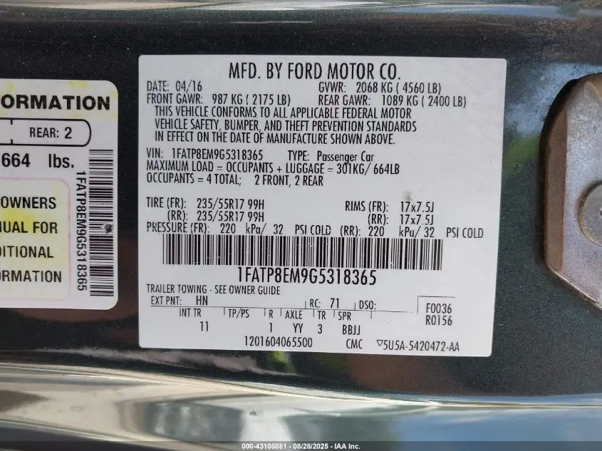 2016 FORD MUSTANG V6