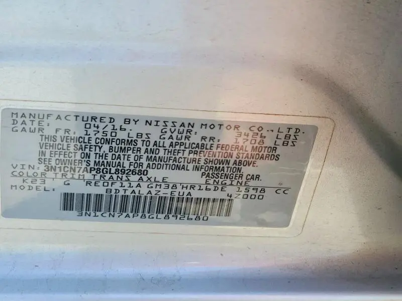 2016 NISSAN VERSA 1.6 S PLUS  